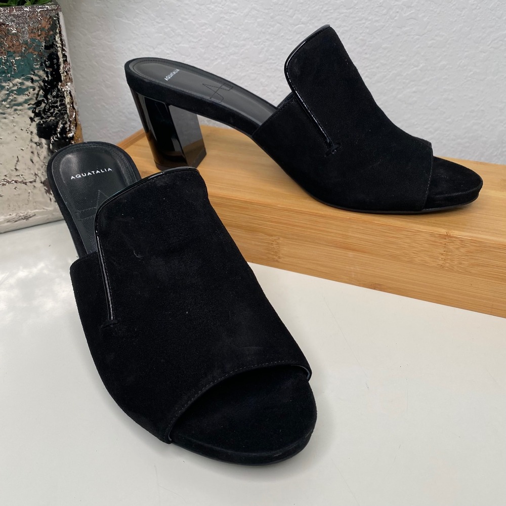 Aquatalia Black Suede Peep Toe Mules Patent Block Heel Made in‎ Italy Size 9